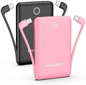 10000mAh Slim Portable Charger with Built in Cable, Power Bank Travel Charger External Battery Pack for Phone, 4 Output USB Type C Cord Clutch Charger Compatible with iPhone, 2 Pack Black & Pink