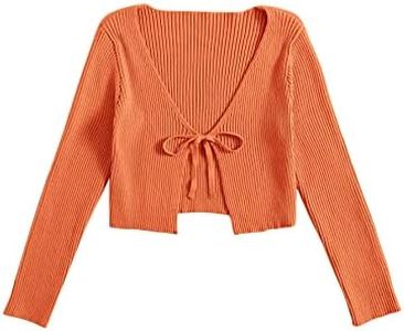 Floerns Women's Tie Front Long Sleeve Rib Knit Shrug Sweaters Cardigan Crop Top Orange XL