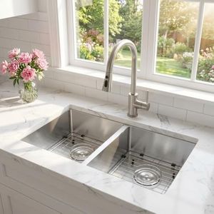 Kitchen Sinks,36×19×10 inch Double Bowl Undermount Kitchen Sink – Premium 304 Brushed Stainless Steel, Reinforced 2.0mm Rim, Deep Basins, Bottom Grates & Drain Kit