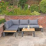 Charles Bentley Polywood Lounge Set with Recliner Seat, Multi Use, Wooden, Black, Stylish, Outdoor, Garden, Patio, Lawn, Back Cushions, Dark Grey Cushions, Wood Panel, Additional Table (155x74x65cm)