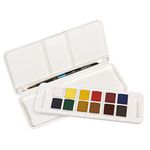 Daler-Rowney Aquafine Watercolour 12 Half Pans Set + 1 Watercolour Brush, Assorted Colours, Ideal for Artists, Students & Hobbyists