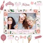 27pcs Photo Booth Props and Photo Frame Paper Rose Gold Floral Team Bride and Groom Hen Party Accessories for Engagement Wedding Bridal Shower Bachelorette Hen Do Party Games Hen Do Decoration