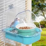 Bird Feeder for Cage No Mess Bird Cage Pet Feeder Bird Bath for Cage for Parakeet Canary Cockatiel Parrot Finch with Ceramic Bowl and Blue Container (Blue Container)