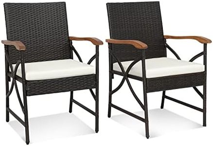 COSTWAY Fauteuil de Jardin Éxterieur Lot de 2 avec Coussins, Chaise Jardin Exterieur en Rotin PE avec Accoudoirs en Bois, Cadre en X, Hauteur d'Assise 40 cm, pour Salon, Terrasse, Patio