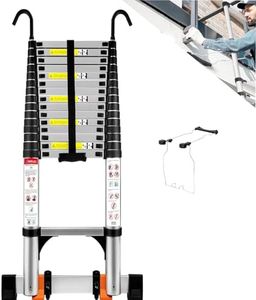 Wolec 20.3 FT Telescoping Ladder with Stabilizers, Adjustable Multi-Purpose Collapsible Extension with Hooks & Wheels, Heavy Duty 330 lbs Max Capacity, Aluminum, Silver