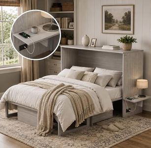 Softa Murphy Bed Full with Drawer, Fold-Down Side Table & Charging Station, Mattress Storage Space, No Box Spring Needed, Space Saving Murphy Bed Cabinet for Guest Room & Home Office