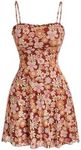 Verdusa Women's Lettuce Trim Floral Print Mesh Sleeveless A Line Short Cami Dress Orange Multi Small