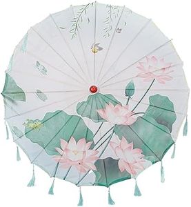 THY COLLECTIBLES Classic Chinese Art Asian Style 33" Silk Parasol Umbrella with Tassels for Wedding Parties, Photography, Costumes, Cosplay, Decoration And Other Events (White with Lotus)