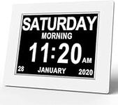 SINOIDEAS Calendar Memory Loss Day Clock with Digital Photo Frame, Extra Large Non-Abbreviated Day & Month, 8 Inch White