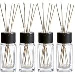Whole Housewares Clear Glass Diffuser Bottles with Reed Sticks & Black Wood Caps - Reed Diffuser Bottles | Home Fragrance Fresheners Diffusers Kit Set| Room Fresheners for Home | Set of 4, 3.4oz