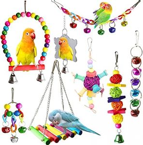 ESRISE 8 Pcs Parakeet Cockatiel Bird Toys, Hanging Bell Pet Bird Cage Hammock Swing Toy Wooden Perch Chewing Toy for Budgerigar, Conures, Love Birds, Finches, Mynah