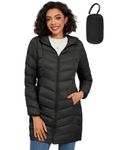 SLOW DOWN Women Lightweight Down Puffer Coat, Women Hooded Mid-Length Packable Winter Jacket with Packing Bag (Black,M)