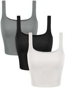 ODODOS 3-Pack Seamless Square Neck Tank for Women Ribbed Knit Soft Low Back Sleeveless Tops, Waist Length, White+Black+Gray, Medium/Large