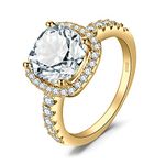 JewelryPalace 3ct Cushion Cut Halo Engagement Rings for Women, 14k Yellow Gold Plated 925 Sterling Silver Cubic Zirconia Love Promise Rings for Her, Anniversary CZ Simulated Diamond Ring Size 9