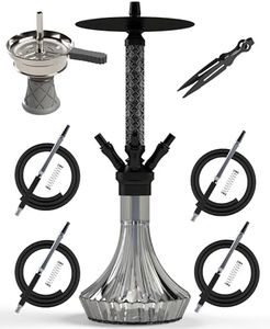 NOBLE HOOKAH Narghilè Set 4 Attacchi Narghilè Medio In Alluminio e Tubo in Pelle, Narghilè 4 Tubi e Maniglie con Testa di Narghilè, Ciotola in Vetro, Nero