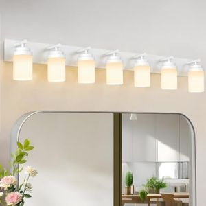 IZORRO Bathroom Light Fixture White, White Glass Shade 52-Inch 7-Light