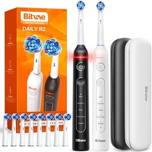 Bitvae Rotating Electric Toothbrush 2 Packs for Adults with Pressure Sensor, Gifts for Men/Women, 5 Modes Rechargeable Power Toothbrush with 8 Brush Heads, Black & White, R2