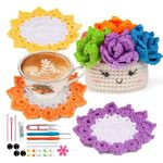 AMUSPK Crochet Kit for Beginners, 6Pcs Handmade Coasters with 1 Plant Pot Crochet Starter Kit, Complete Beginners Crochet Kit with Crochet Hooks, Crochet Kit with Step-by-Step Video Tutorials