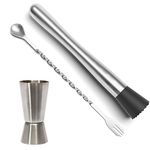 Prettyui - Stainless Steel Cocktail Muddler, Mixing Spoon, Jigger Set, Bar Tool Essentials