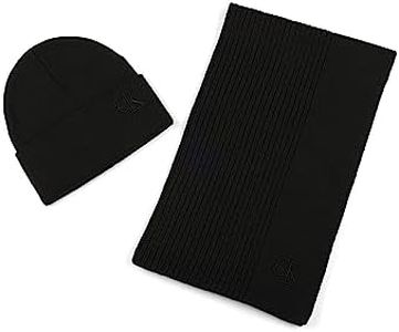 Calvin Klein Men's Split Rib Embroidered Monogram Cuff Hat and Scarf Set, Black Beauty, One Size