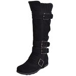 Generation Y Women's Knee High Mid Calf Flats Boots Sweater Knitted Cuff Buckles Wedge Rubber Sole, Black Suede, 6