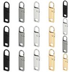 Urmspst Zipper Pull Replacement (2022 Upgraded), 16 Pcs Detachable Zipper Pull Tabs for Luggage Clothing Jackets Backpacks Boots Purse Coat(2Size, 4 Color Black, Silver, Gold, Brilliant Black)