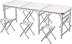 Foldable Table 6FT with 6 Chairs, Camping Table Portable Lightweight Collapsible Table Adjustable Height Lifetime Folding Rectangular Table Suitable for Barbecue Picnic Dining Indoor Outdoor