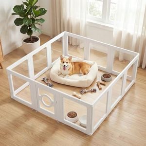 JEKO&JEKO Clear Acrylic Dog Playpen Indoor, Transparent Pet Play Pen for Puppies, Small Dogs, Cats & Rabbits, Easy Assemble Plastic Dog Fence, Easy to Clean (White, 12 Panels)