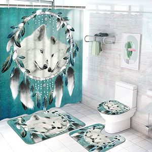 Ikfashoni 4 Pcs Wolf Shower Curtain Sets with Non-Slip Rug, Toilet Lid Cover and Bath Mat, Wolf Dream Catcher Shower Curtain with 12 Hooks, Blue Fabric Animal Shower Curtain for Bathroom