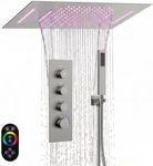 GRANDJOY Thermostatic Rainfall Shower System, 23" x 15" Ceiling Waterfall Faucet Set with Handheld Sprayer & 64 Led Light, Brushed Nickel