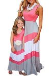 YMING Mommy and Me Long Maxi Sleeveless Dress Elegant Printed Boho Sundress One Piece Dress Rose and Gray XL