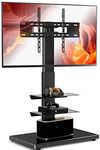 YOMT Floor TV Stand with Sturdy Wood Base, Tall Universal TV Stand with Mount for Most 32-75 inch TVs up to 110 lbs, Height Adjustable TV Stand with Swivel, TV Mount Stand with Media Shelves, Black