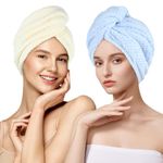 2 Pack Beige&Blue Microfiber Dry Hair Cap for Women Long Hair Breathable and Comfortable Hair Towel Wrap with Double Buttons to Dry All Wet Hair Style Quickly