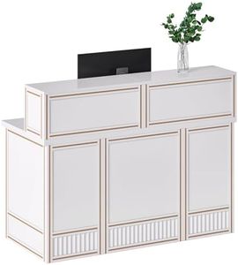 LITTLE TREE 57-Inch Reception Desk with Counter, Boho Style Front Desk, Modern Checkout Counter, Receptionist Desk for Retail, Lobby, Salon, Office, White