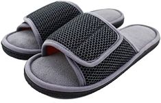 WALKFUN Adjustable House Slippers for Men Open Toe Breathable Indoor Slip on Mens Slides Sandals with Memory Foam for Bedroom,Patio, Grey, 13-14