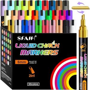 SFAIH Liquid Chalk Markers [1-Second Wet Wipe] No Residue - 6mm 30 Colors [Neon+Pastel+Metallic] Zero Dust Chalkboard Markers for Chalkboard Calendar, Glass, Window, Menus, Labels, Signs, Bistro