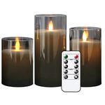 Eldnacele Gray Glass flameless Candles Flickering with Remote, Moving Wick Battery Operated Realistic Warm Light Candle, Set of 3 (D3'' x H4''/5''/6''), for Party Wedding Festival Tabletop Decoration