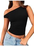 YILEEGOO Women Sexy Sleeveless One Shoulder Crop Tank Tops Ruched Tight Slim Fitted Workout Y2K Vest Top Trendy Cami Going Out Tops (Z2 Black, S)