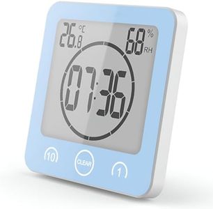 Horloge de Salle de Bain, Horloge de Douche Contrôle Tactile étanche, Alarme Numérique LCD, Thermomètre Hygromètre, Minuterie de Compte à Rebours, Alimenté par Pile, pour Maquillage Cuisine (Bleu)