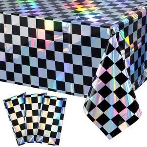 3Pack Black and Iridescent Checkered Plastic Tablecloth, Shiny Disposable Laser Rectangle Table Covers, Holographic Foil Tablecloth Iridescent Party Decorations for Picnic Camping Race Car, 54x108Inch