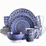 vancasso 16 Pieces Porcelain Dinner Set for 4 - Mandala Dinnerware Dish Set Artisanal Pieces with 10.5in Dinner Plate, 8in Dessert Plate, 6in Bowl and 13oz Mug, Boho Blue Tableware