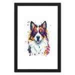 Ritwika's Pet Love Animal Colorful Dog In White Background - Original Artwork Poster Framed Painting | Perfect For Home Decor and Gift | With Glass, Size 13.5 x 19.5 Inch, Set of 1