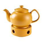 Baroni Home Ceramic Teapot with Warmer, Teapot with Stainless Steel Filter for Tea and Coffee, 25x15x15 cm - 1000 Ml, 3-4 People Yellow