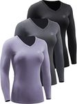 NELEUS Women's 3 Pack Compression Shirts Long Sleeve Yoga Athletic Running T Shirt, V-neck: Purple/Black/Grey,3 Pack, Small