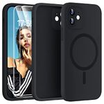 HATOSHI 3 in 1 Magnetic for iPhone 12 Case, with 2 Pack HD Screen Protector, [Support Mag-Safe] [Upgraded Full Camera Protection] Silicone Silky-Soft Touch Slim Shockproof [Anti-Scratch] 6.1", Black