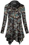 Cestyle Floral Tops for Women, Ladies Long Sleeve Button Cowl Neck Tunic Fit and Flare Petite A Line Irregular Hem Lightweight Funny Halloween Baggy Shirts Daily Wear Brown Small