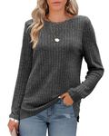 Odosalii Ladies Tops, Women's Long Sleeve Tops, Crew Neck Jumpers Solid Color Sweatshirts, Trendy Striped Thermal Sweater, Lightweight Side Split Tunic Tops Dark Grey