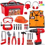 JOYIN 24 Pcs Construction Tool Accessories Playset Construction Pretend Play Toy Kit Including Construction Worker Costume and Electric Drill Toy in Storage Box