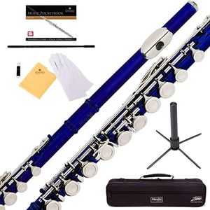 ﻿Mendini By Cecilio Flutes - Closed Hole C Flute For Beginners, 16-Key Flute with a Case, Stand, Lesson Book, and Cleaning Kit, Musical Instrument for Kids, Blue Flute