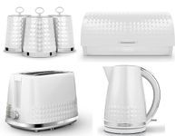 Tower Solitaire White 1.5L 3KW Jug Kettle, 2 Slice Toaster Bread Bin & Tea, Coffee, Sugar Canisters. Matching Contemporary Design Kitchen Set of 6 in White